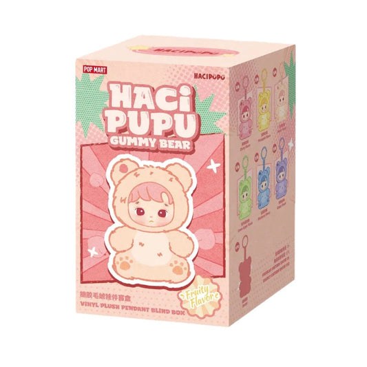 Haci Pupu Gummy Bear packaging with a pink background and cute character illustration. popmart