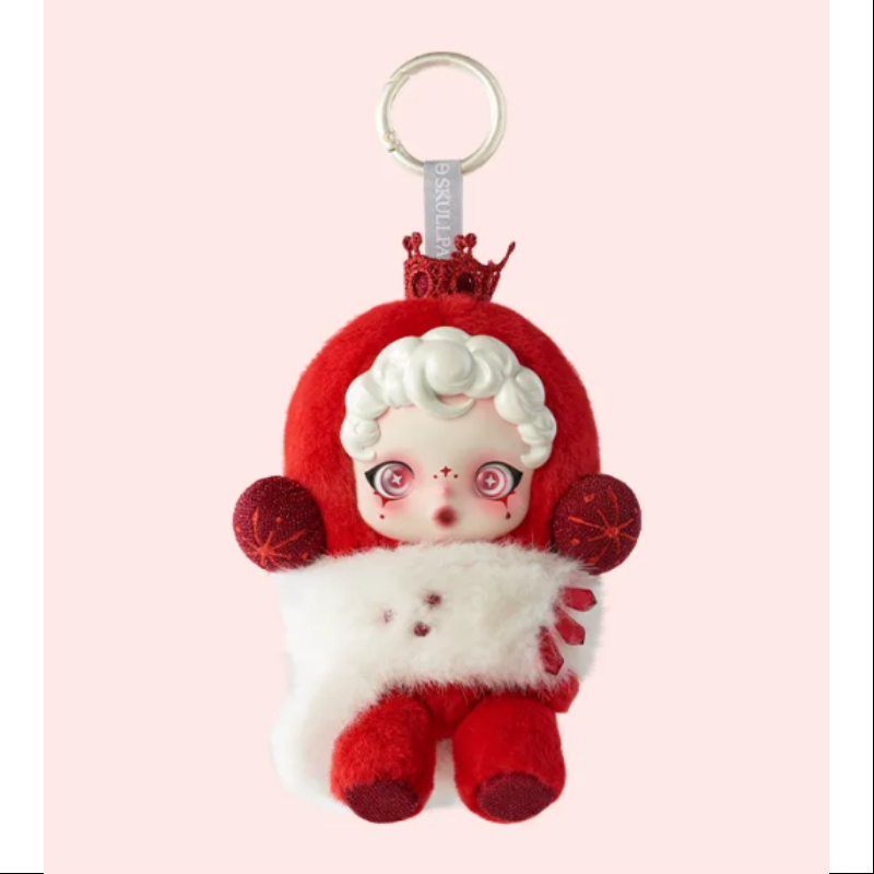 Plush keychain with red and white design on a pink background, POP MART SKULLPANDA Winter Symphony Series Plush blind box — Symphony (Secret) (red and white) — Kuwait — سكل باندا ونتر سنفوني- بوب مارت