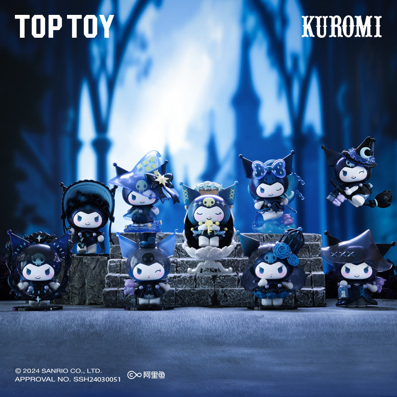 Collection of Kuromi toy figures in a dark forest setting with 'Top Toy' branding.