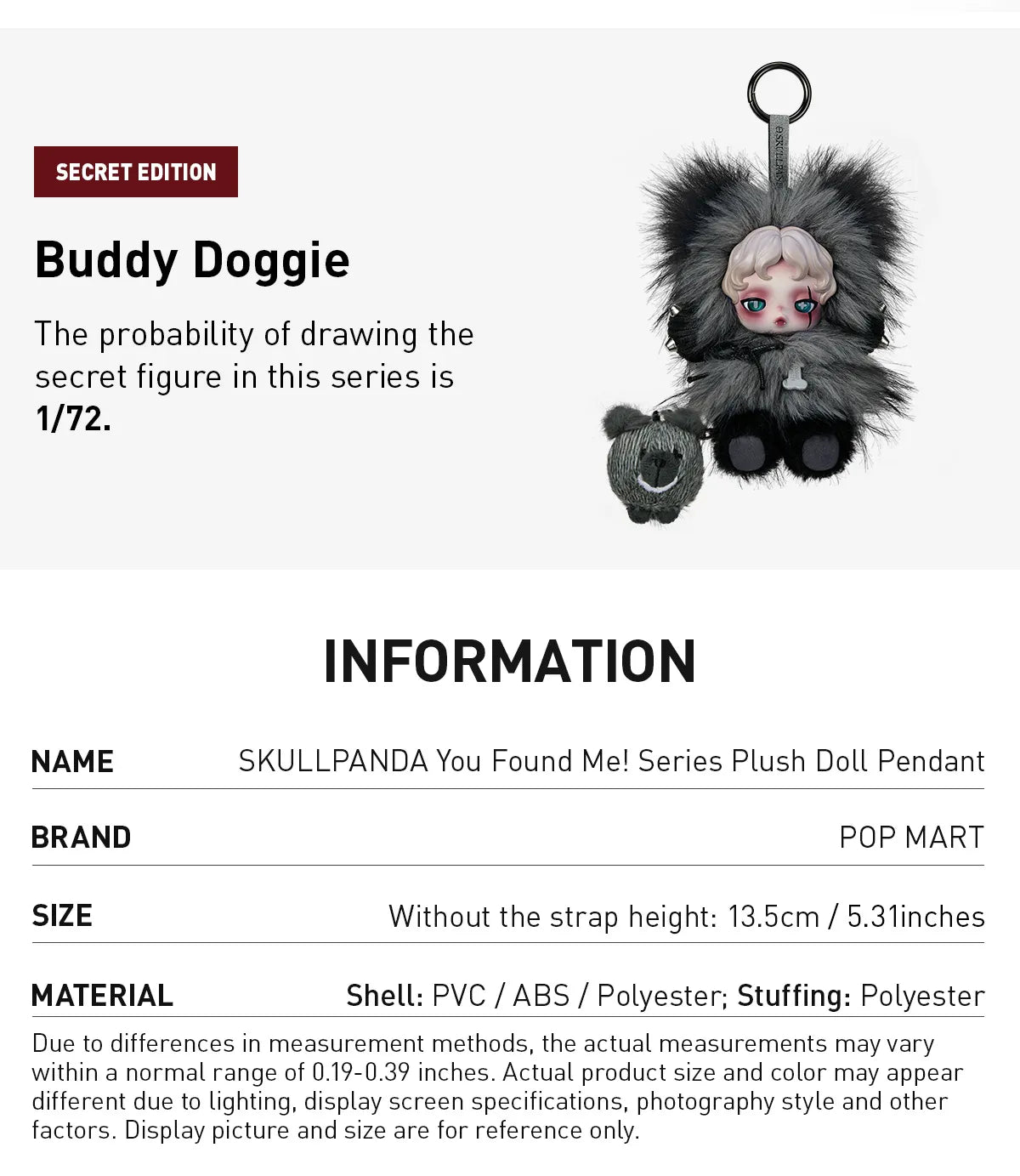 Plush doll pendant with gray fur and black accents, displayed on a white background with product details.Pop Mart SKULLPANDA You Found Me! Series plush doll pendant blind bo