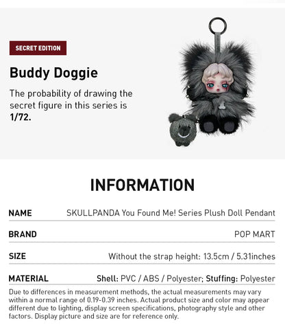Plush doll pendant with gray fur and black accents, displayed on a white background with product details.Pop Mart SKULLPANDA You Found Me! Series plush doll pendant blind bo