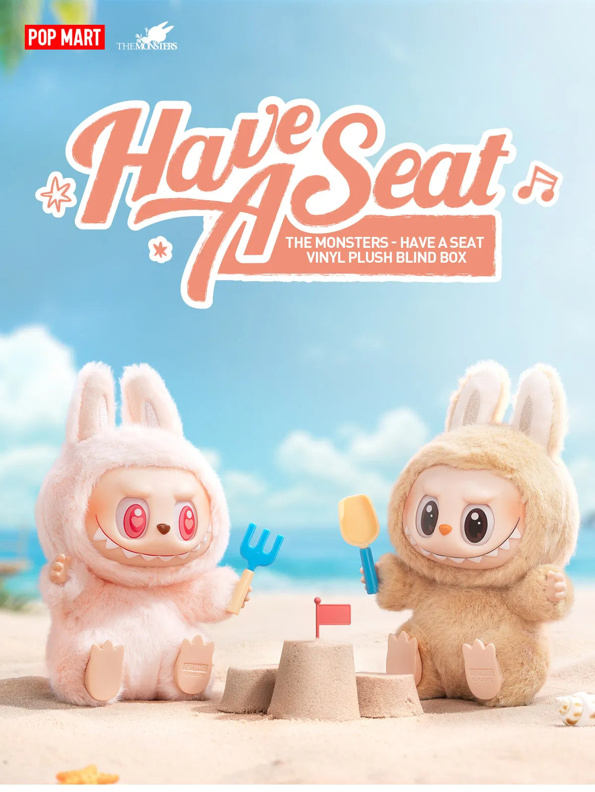 Two plush toys on a beach with 'Have A Seat' text and Pop Mart logo.