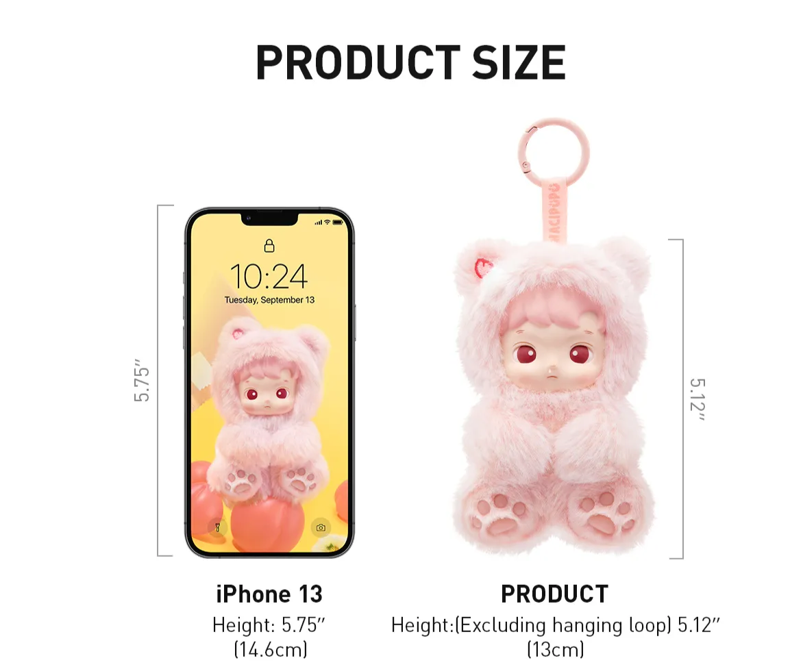 Comparison of a pink bear-shaped phone case with an iPhone 13 on a white background Pop Mart HACIPUPU Gummy Bear scented plush pendant blind box keychain  — Kuwait — بوب مارت