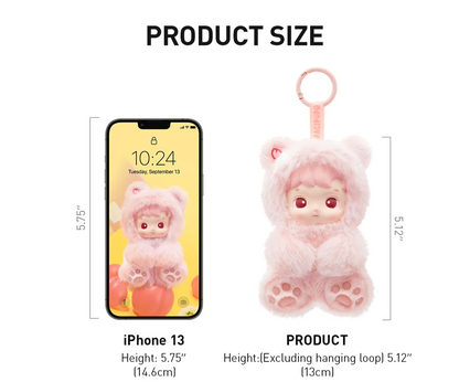 Comparison of a pink bear-shaped phone case with an iPhone 13 on a white background Pop Mart HACIPUPU Gummy Bear scented plush pendant blind box keychain  — Kuwait — بوب مارت