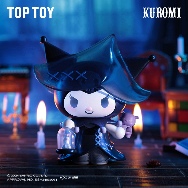 Kuromi figurine in a witch costume with candles in the background, featuring Top Toy branding.