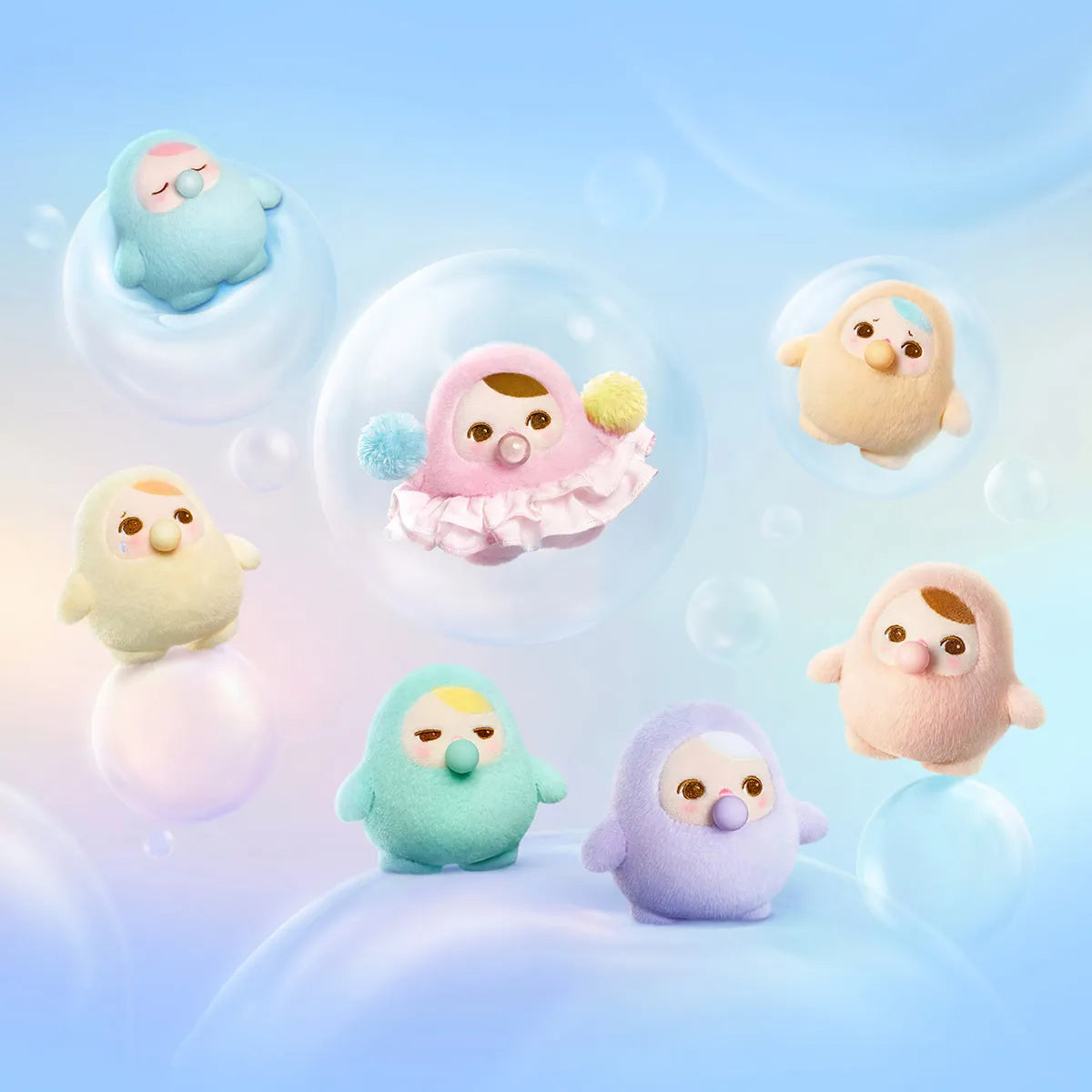 Pastel-colored plush toys in bubbles on a light blue background popmart pucky bibble up