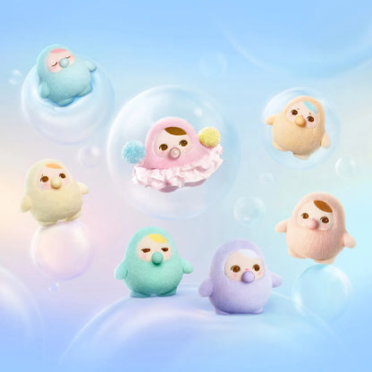 Pastel-colored plush toys in bubbles on a light blue background popmart pucky bibble up