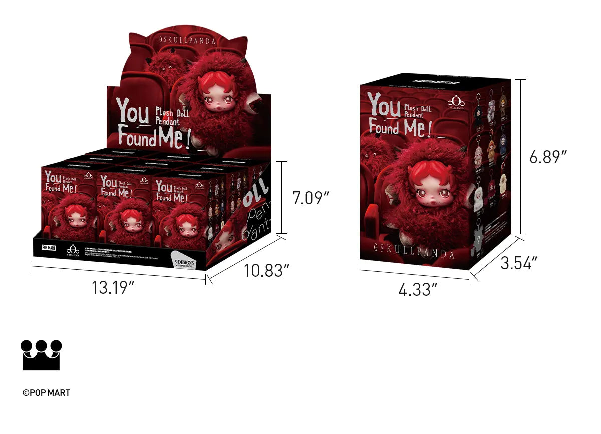 Red panda plush toy packaging with dimensions on a white background