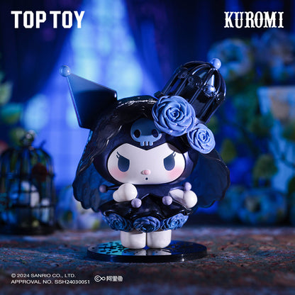 Kuromi toy figure with black dress and blue roses on a dark background, featuring Top Toy branding.