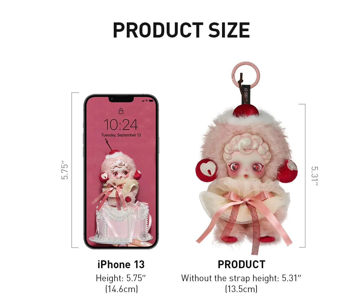 Product size comparison of a plush keychain with an iPhone 13