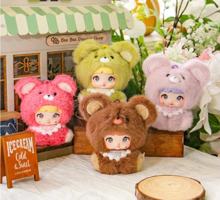 Four plush toys with animal ears in front of a small store with an 'Ice Cream'  sign. noomi v4 