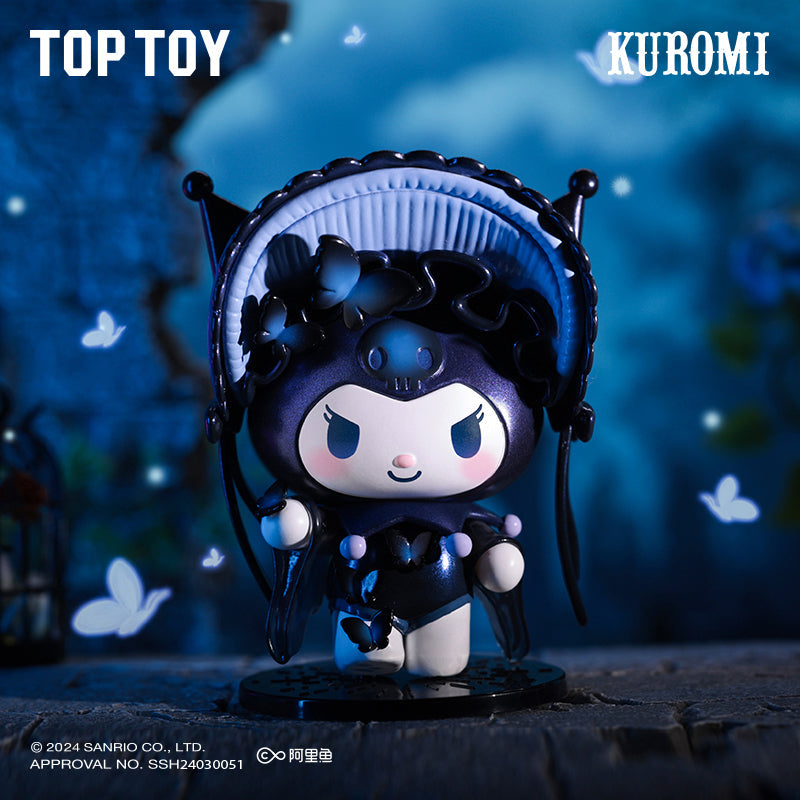 Kuromi figurine with headphones against a blue background with butterflies, branded as Top Toy.