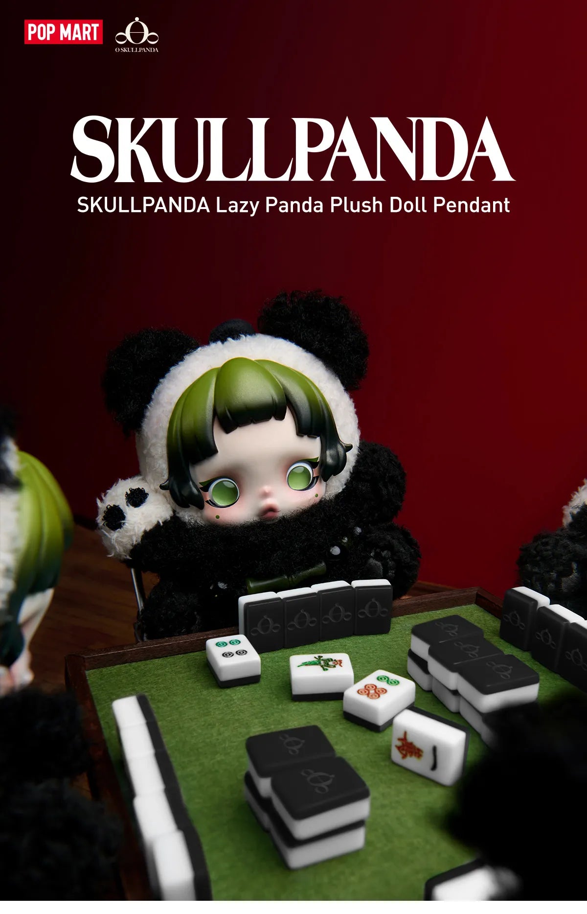Skull Panda plush doll playing mahjong with a red background ,  POPMART Lazy Panda Plush Pendant Kuwait