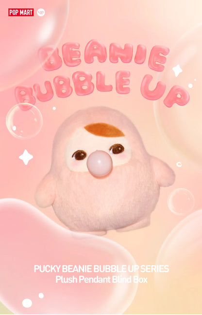 Plush pendant with 'Beanie Bubble Up' text on a soft pink background popmart