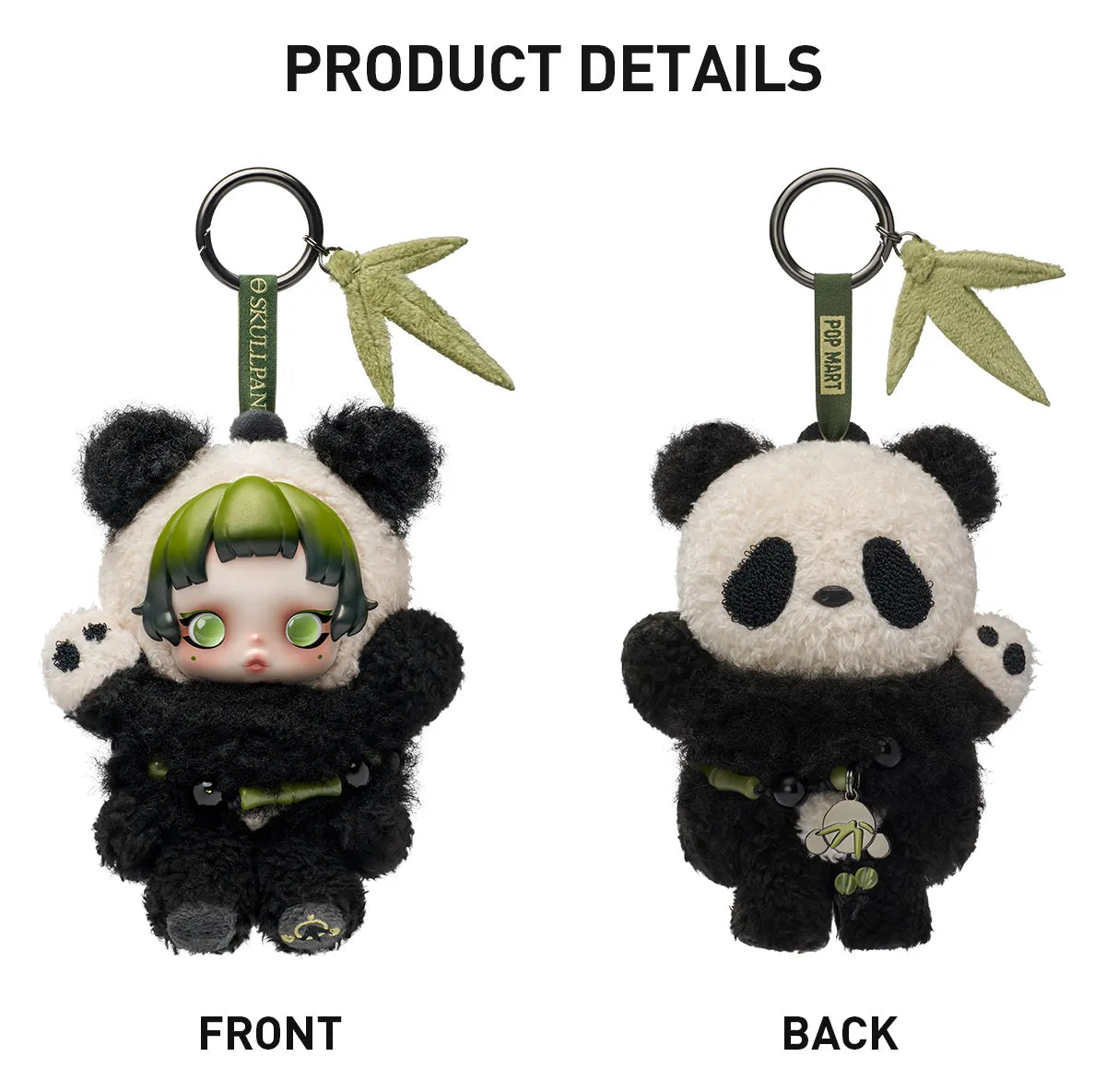 Panda plush keychain with a character head, front and back views, on a white background.
