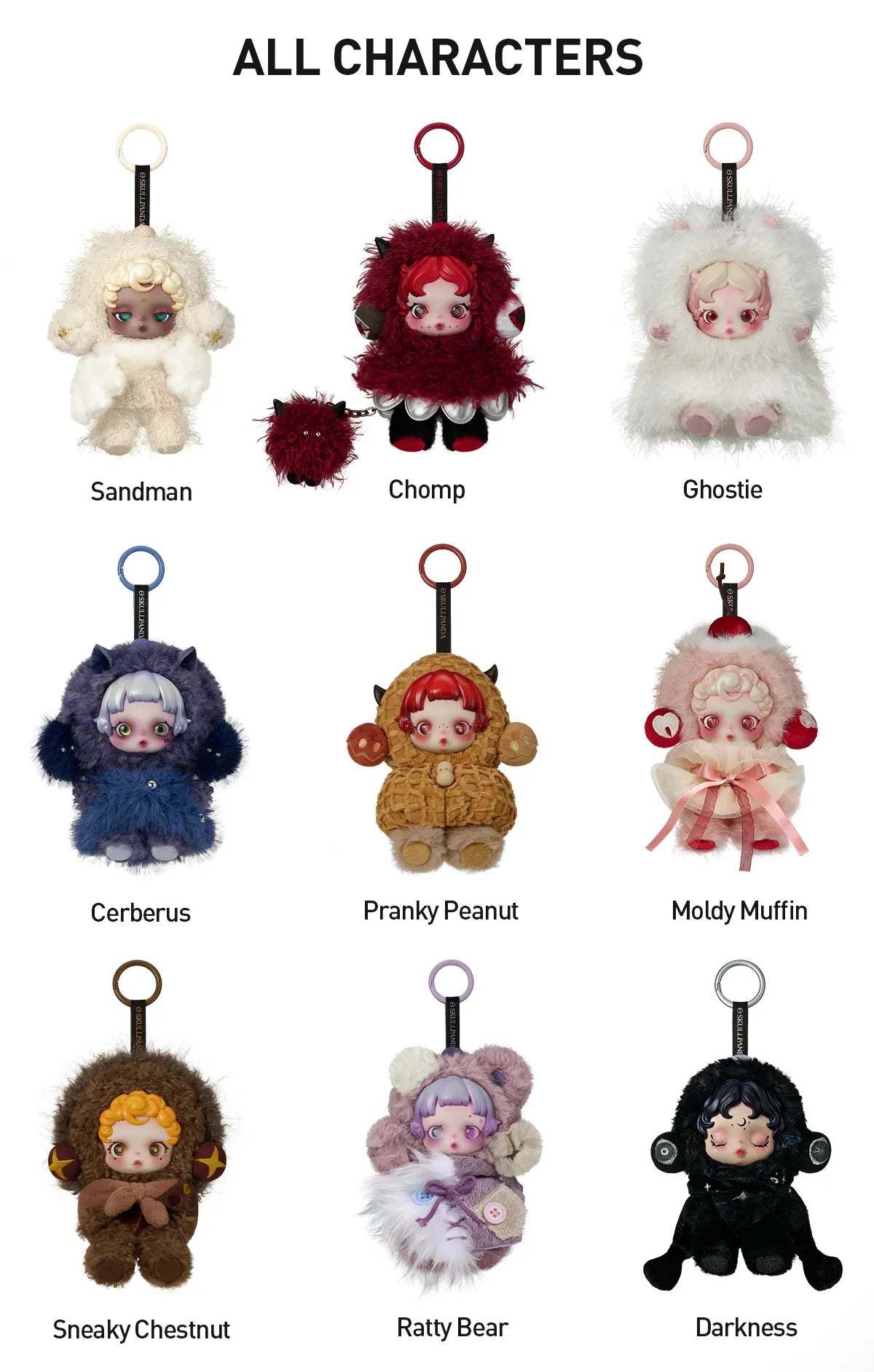 Collection of various plush keychains Pop Mart SKULLPANDA You Found Me! Series plush doll pendant blind box — Kuwait — بوب مارت on a white background.