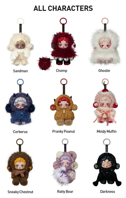 Collection of various plush keychains Pop Mart SKULLPANDA You Found Me! Series plush doll pendant blind box — Kuwait — بوب مارت on a white background.