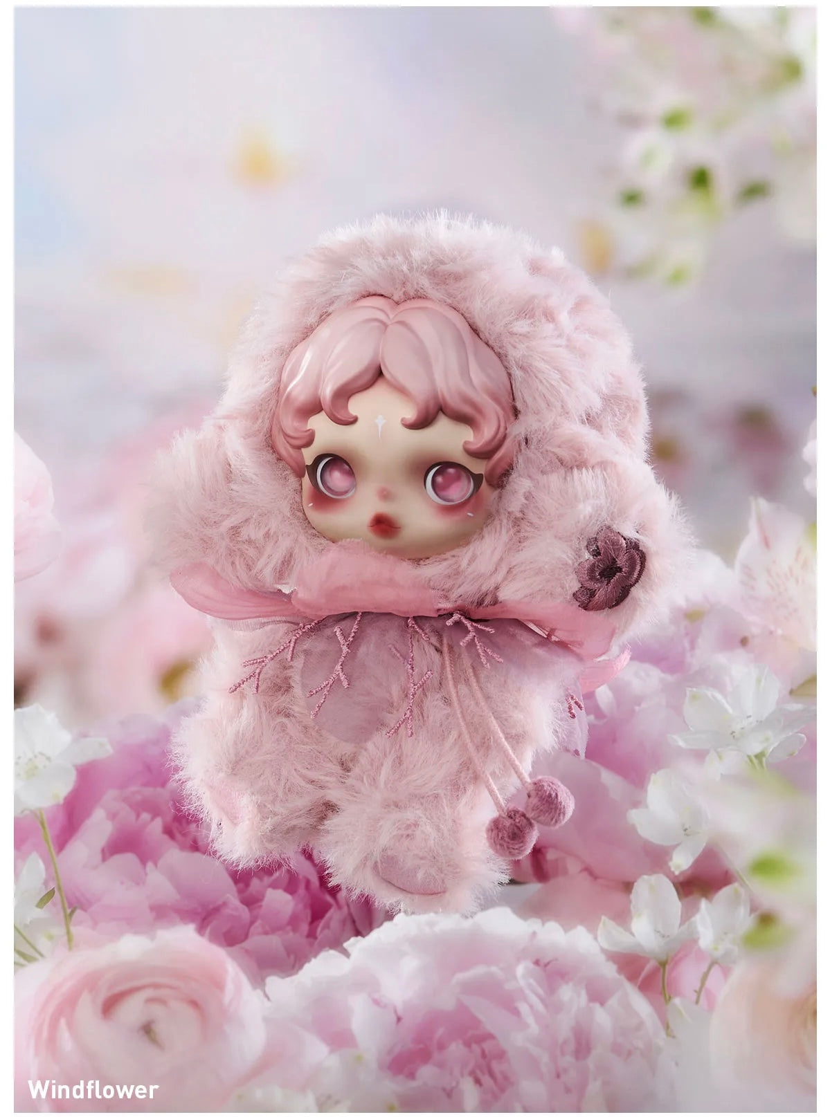 Stuffed animal with pink fur and a fluffy hood surrounded by pink flowers, POPMART POP MART SKULLPANDA L’impressionnisme Series Plush blind box