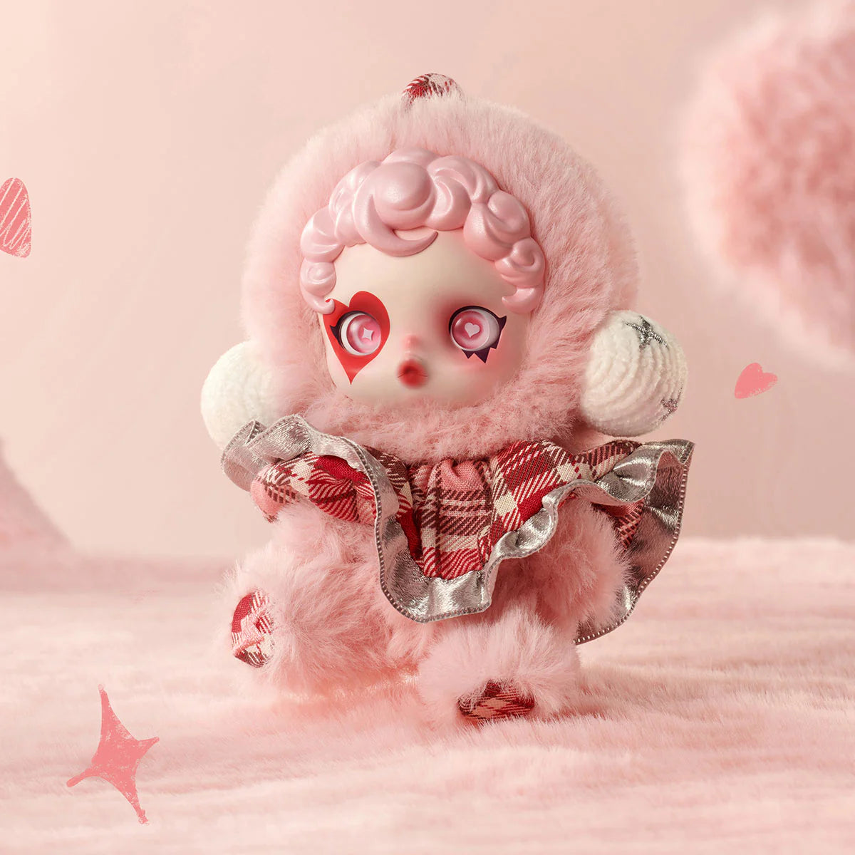 Furry plush toy with pink hair and plaid scarf on a pink background , Pink plush keychain , POP MART POP MART SKULLPANDA Winter Symphony Series Plush blind box — Rhapsody (pink) — Kuwait — سكل باندا ونتر سنفوني- بوب مارت