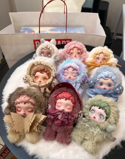 Collection of small dolls with colorful hair and outfits on a white surface. POPMART POP MART SKULLPANDA L’impressionnisme Series Plush blind box — all designs lineup (Blossom, Pond, Lightning, Windflower, Dawn, Mist, Dew, Amber, Teakwood, In the Garden Secret) — Kuwait — سكل باندا امبريشينزم - بوب مارت