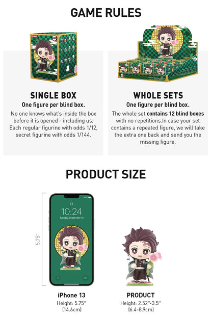 Game rules and product size information for a collectible figure set, including packaging and smartphone comparison. POPMART Demon Slaye