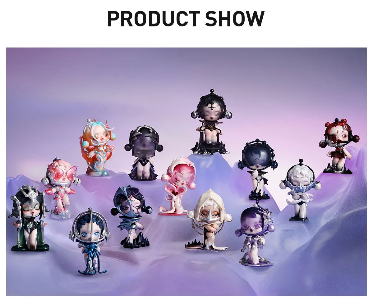 Collection of stylized figurines on a gradient purple background POPMART SKULLPANDA The Sound Series Figures Blind Box Kuwait.