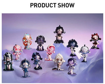 Collection of stylized figurines on a gradient purple background POPMART SKULLPANDA The Sound Series Figures Blind Box Kuwait.