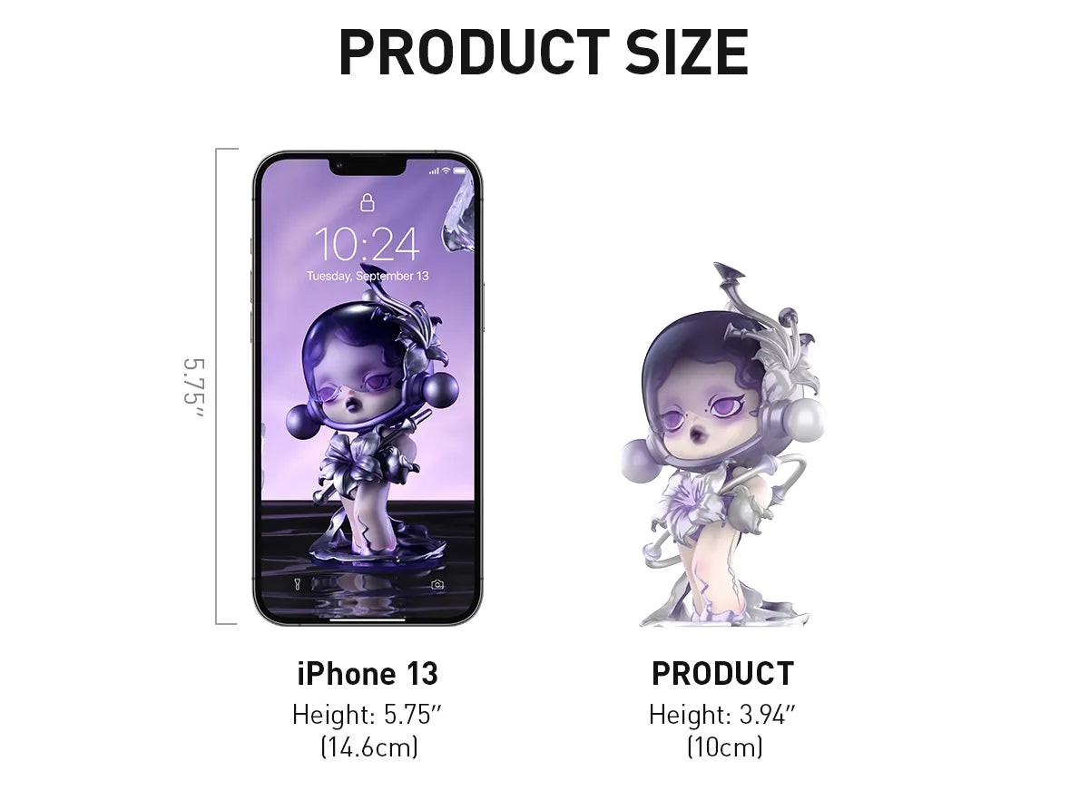 Comparison of a phone and a POPMART SKULLPANDA The Sound Series Figures Blind Box Kuwait with dimensions displayed
