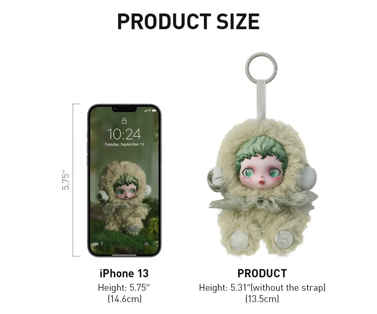 Product size comparison with an iPhone 13 showing a plush toy keychain.