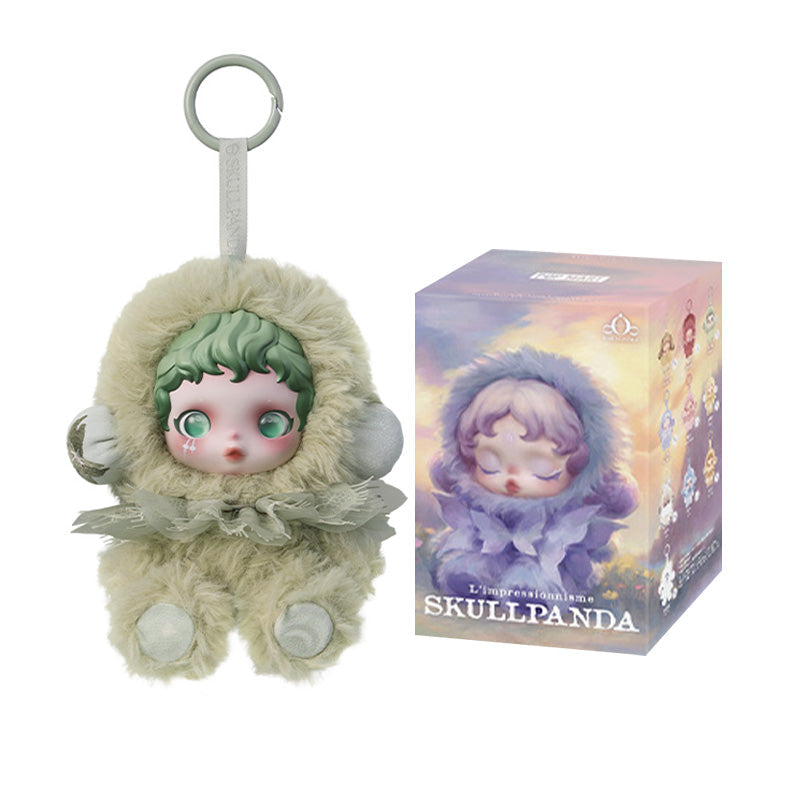 Plush toy with skullpanda design in a fur coat next to its packaging on a white background