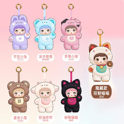 Set of cute character keychains in various costumes on a pink background,Nommi Loveliness Never Ends Series Plush blind box — all colors designs lineup (TUTU, BINBIN, JUJU, QUQI, NENE, MIMI, XIXI Secret) — Kuwait — نومي key chain