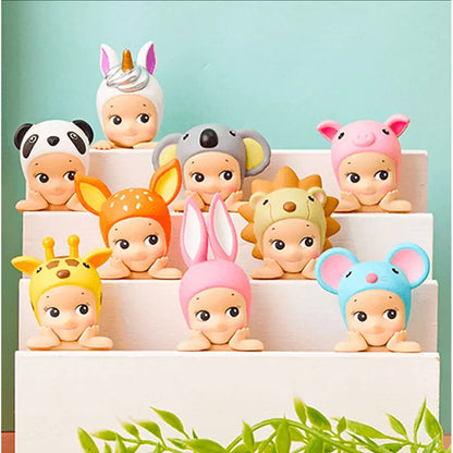 Set of colorful baby figurines with animal hats on a white stand against a light blue background. Sonny Angels Hippers Decorative Mini Figures blind box