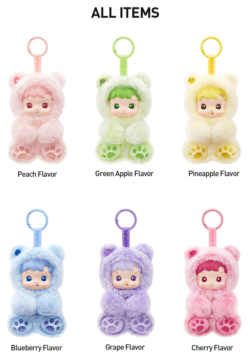 Set of six PopMart HACIPUPU Gummy Bear scented plush pendant blind box  keychains in different flavors with colorful hoods on a white background.
