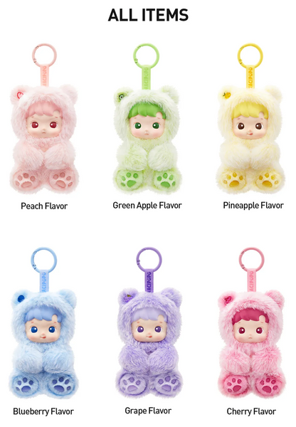Set of six PopMart HACIPUPU Gummy Bear scented plush pendant blind box  keychains in different flavors with colorful hoods on a white background.