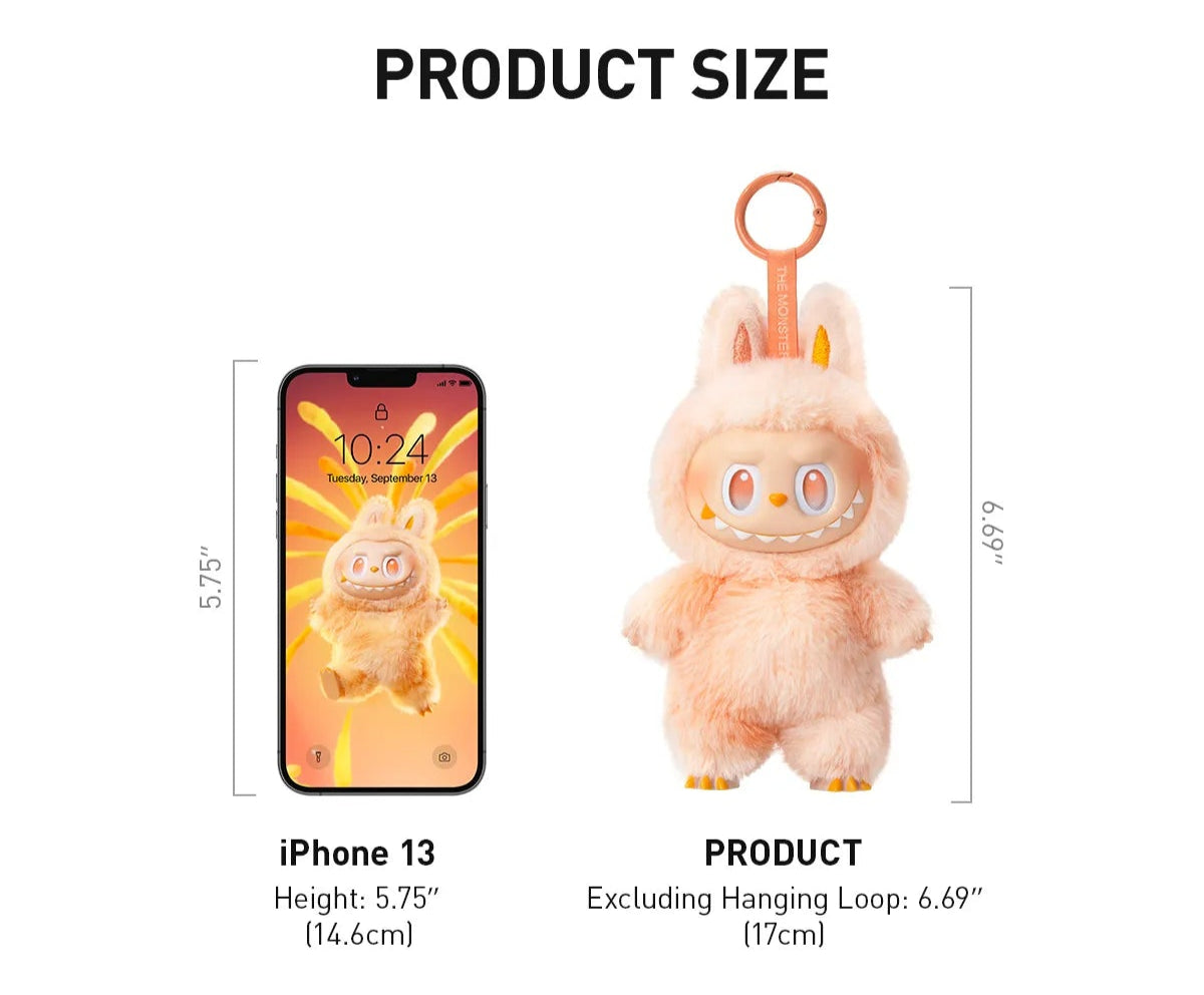 Product information sheet with a plush toy, packaging, and game rules. Labubu Big Into Energy plush keychain blind box – product size next to phone
