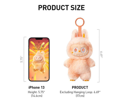 Product information sheet with a plush toy, packaging, and game rules. Labubu Big Into Energy plush keychain blind box – product size next to phone