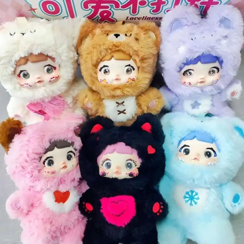 Collection of plush toys with cartoon faces and colorful designs on a light gray background.Nommi Loveliness Never Ends Series Plush blind box — all colors designs lineup (TUTU, BINBIN, JUJU, QUQI, NENE, MIMI, XIXI Secret) — Kuwait — نومي key chain