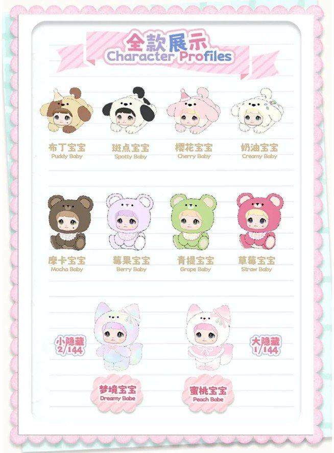 Character profiles with cartoon baby figures and colorful border, Nommi V4 Baby Series plush key chain blind box — all designs lineup (Puddy, Spotty, Cherry, Creamy, Mocha, Berry, Grape, Straw, Dreamy Babe Secret, Peach Babe Secret) — Kuwait — نومي — Maibo