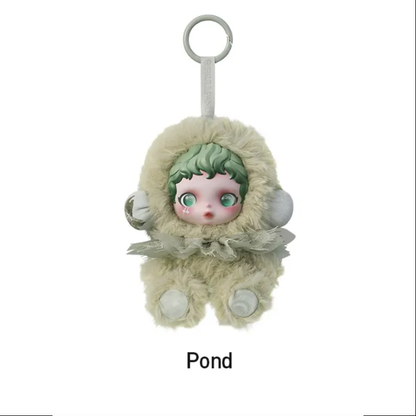 Plush toy character in a fluffy outfit with 'Pond' text below on a white background, POPMART POP MART SKULLPANDA L’impressionnisme Series Plush blind box — Pond (green) — Kuwait — سكل باندا امبريشينزم - بوب مارت