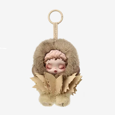 Keychain with a character wearing a fur hat and scarf on a white background, POPMART POP MART SKULLPANDA L’impressionnisme Series Plush blind box — Teakwood (brown) — Kuwait — سكل باندا امبريشينزم - بوب مارت