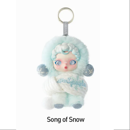 Plush keychain with snow-themed design on a white background, POP MART POP MART SKULLPANDA Winter Symphony Series Plush blind box — Song of Snow (blue) — Kuwait — سكل باندا ونتر سنفوني- بوب مارت