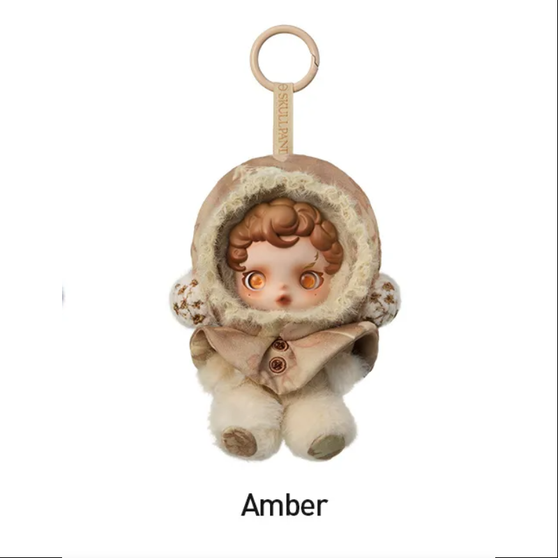 Small figurine with a hood and coat labeled 'Amber' on a white background, POPMART POP MART SKULLPANDA L’impressionnisme Series Plush blind box — Amber (amber/brown) — Kuwait — سكل باندا امبريشينزم - بوب مارت