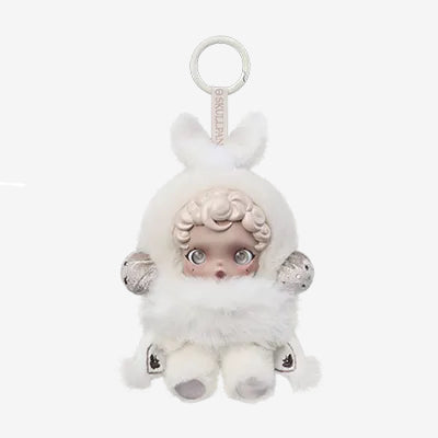 White plush keychain with a decorative element on a white background, POPMART POP MART SKULLPANDA L’impressionnisme Series Plush blind box — Mist  — Kuwait — سكل باندا امبريشينزم - بوب مارت