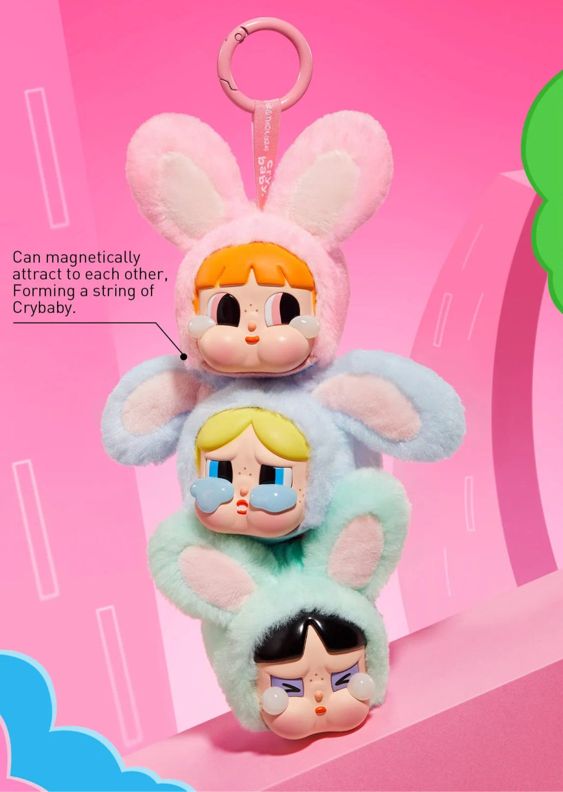 Set of colorful character figurines with a pink background, POP MART Crybaby × Powerpuff Girls Series-Vinyl Face Plush Blind Box, 6PCs Crybaby Blind Box Figures, Random Design Action Figures Collectible Toys Home Decorations Holiday Birthday Gifts for and Boys —all designs lineup ( Bunny Blossom, Bunny Bubbles, Bunny Buttercup) — Kuwait — كراي بيبي بوب مارت باور بف جيرلز فتيات القوة